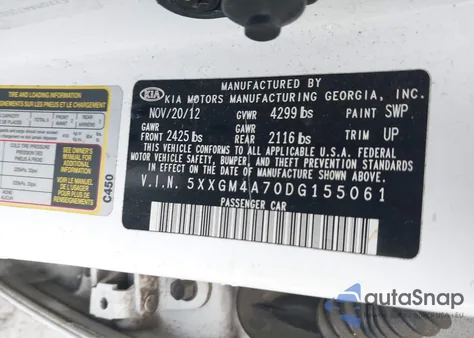 2013 Kia Optima Lx from USA, damaged, VIN 5XXGM4A70DG155061
